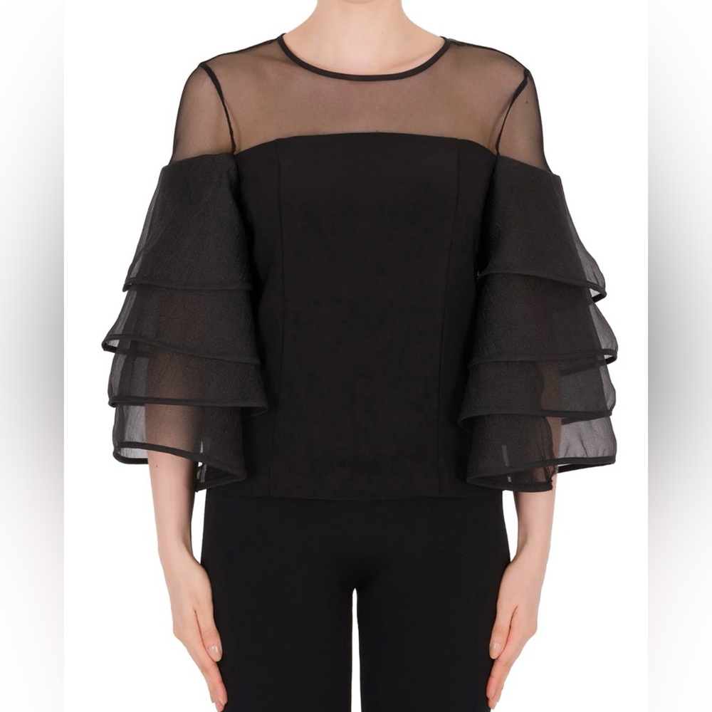 NWT NEW Joseph Ribkoff Chic Black Top Organza Neckline & Ruffled Sleeves 18 HTF